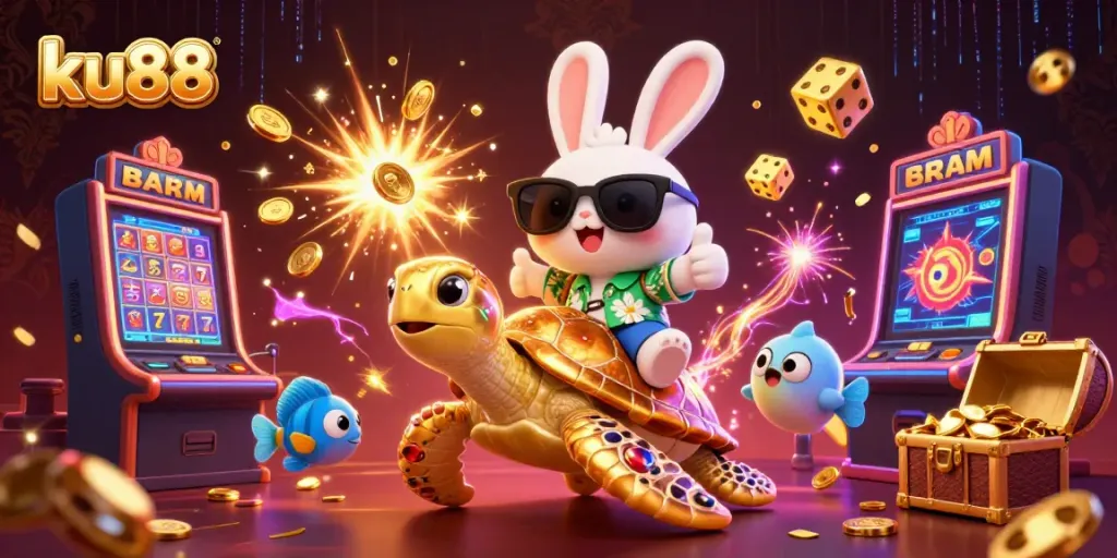 Experience big wins with ku88 in a vibrant casino scene showcasing joyful characters and lively gaming elements.