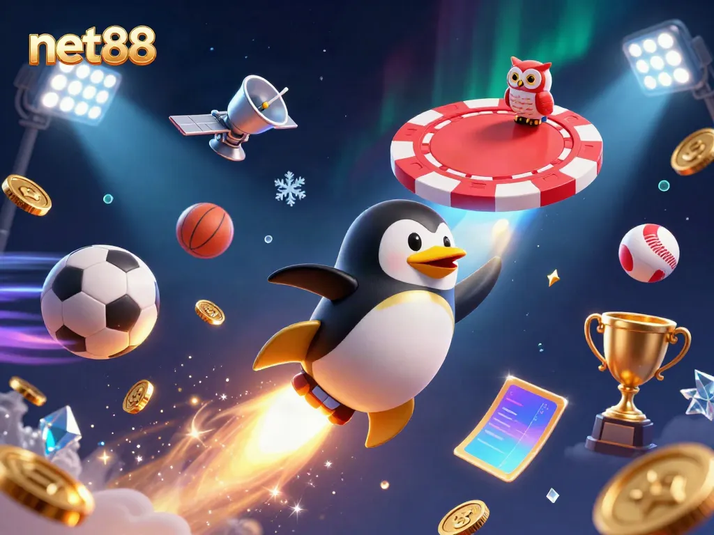 Experience the excitement of net88 with a golden penguin racing through casino space surrounded by sports elements.