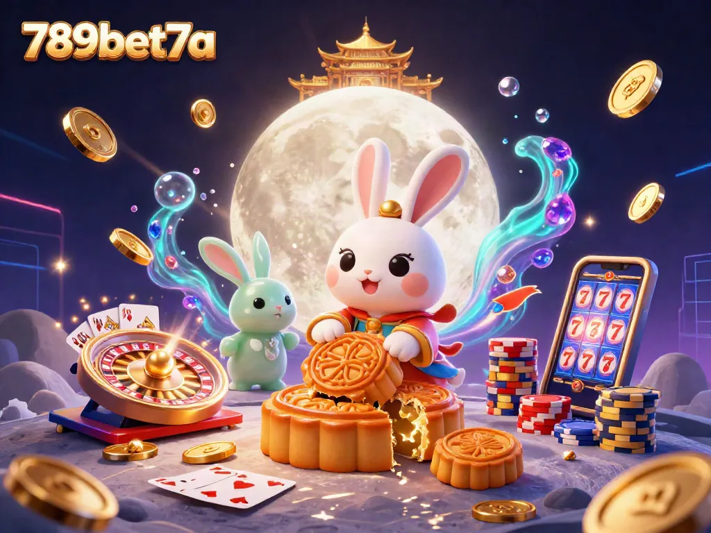 Experience the thrill of casino gaming at 789bet7a with vibrant illustrations of moon rabbits and poker chips.