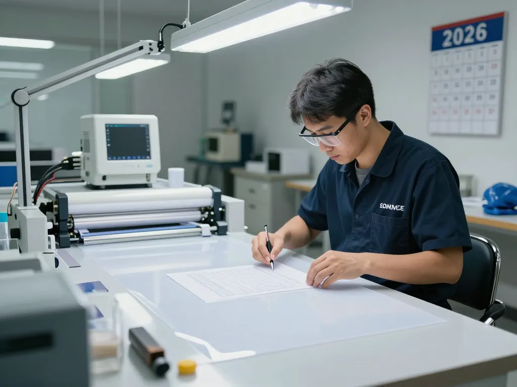 Technician expertly removing bóc plastic from documents in a modern lamination workshop.