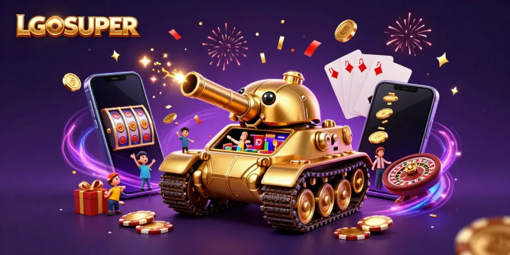 Play exciting games at LGOSUPER with a vibrant casino-themed digital illustration.