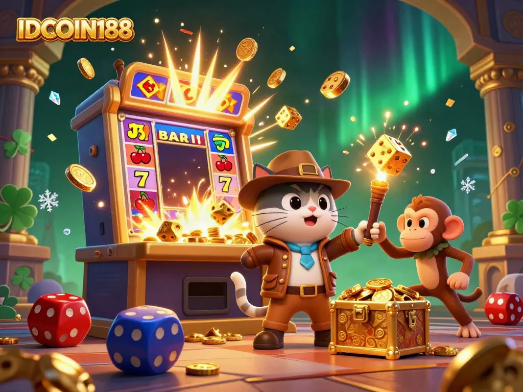 IDCOIN188 reveals a vibrant jackpot moment where an archaeologist cat discovers treasures in a casino-themed temple.
