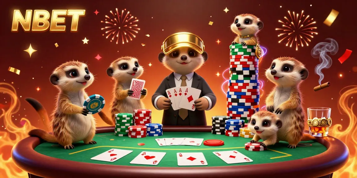 NBET casino scene showcases meerkats managing poker games and colorful chips in a vibrant celebration.