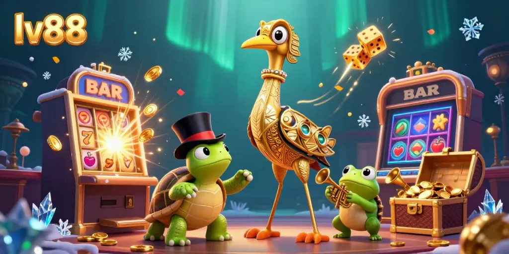 Experience the excitement of lv88 with a vibrant 3D casino scene bursting with winning symbols and characters.