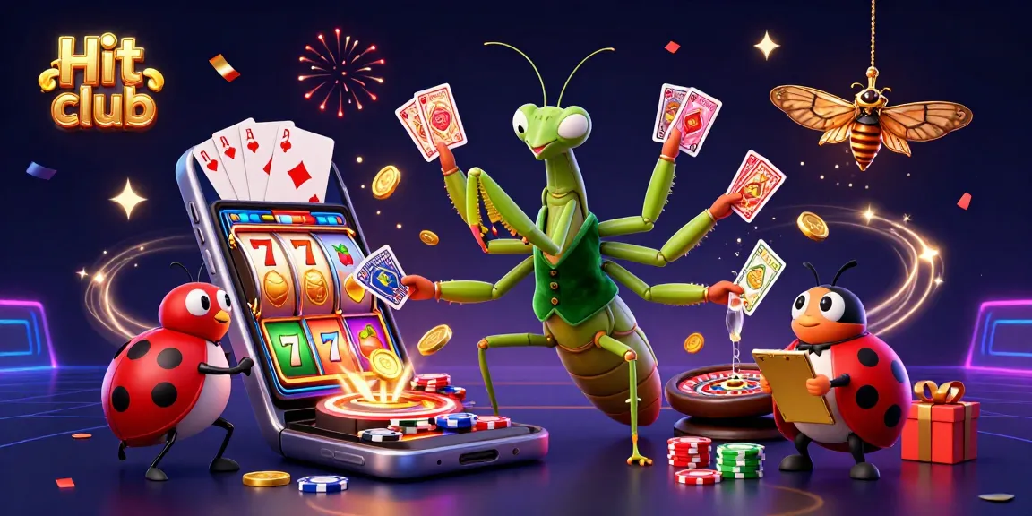 Hit club's epic slot game scene featuring a giant mantis card sharp and ladybug pit boss.