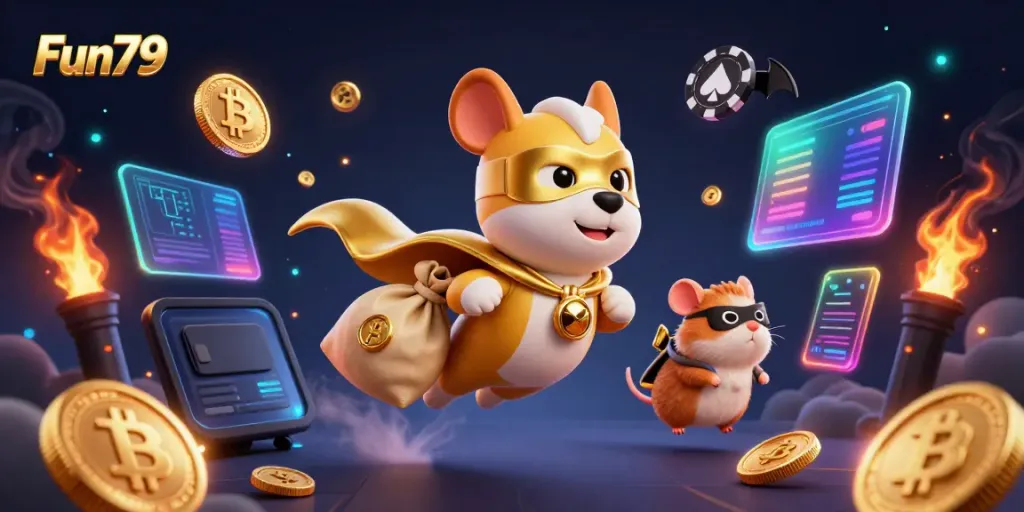 Join the Fun79 adventure as a superhero dog collects gold coins amidst a dazzling casino scene.