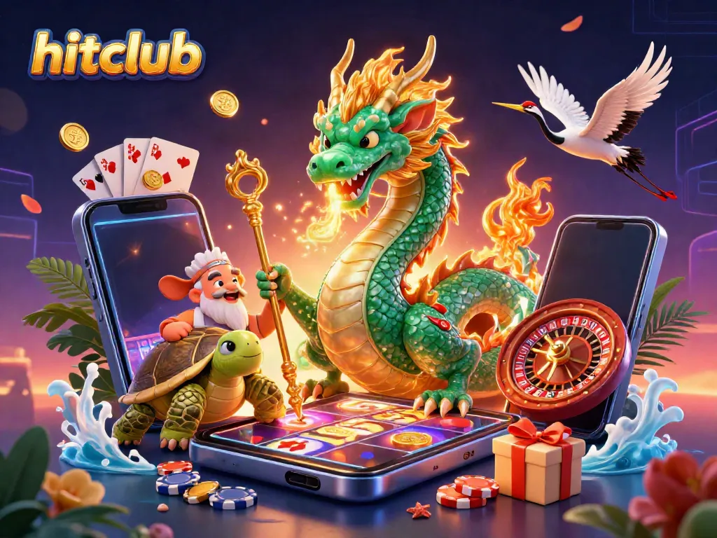 Experience the excitement of hitclub with a vibrant illustration of a jade dragon, lucky cranes, and dynamic casino elements.