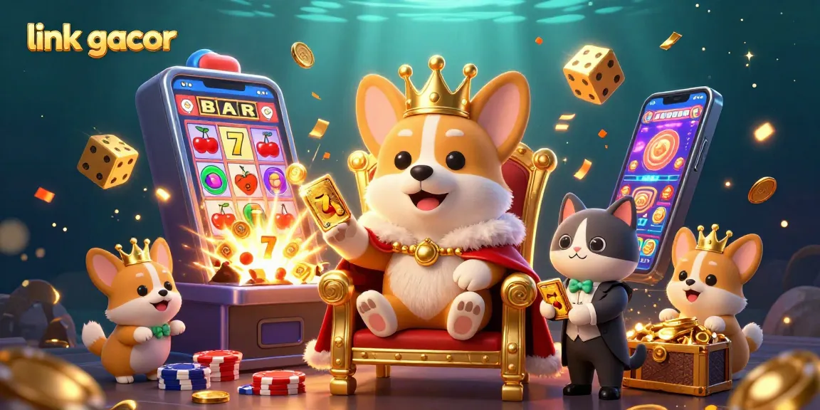 Experience the thrill of winning with link gacor, featuring a royal corgi and dynamic casino elements in a vibrant 3D scene.