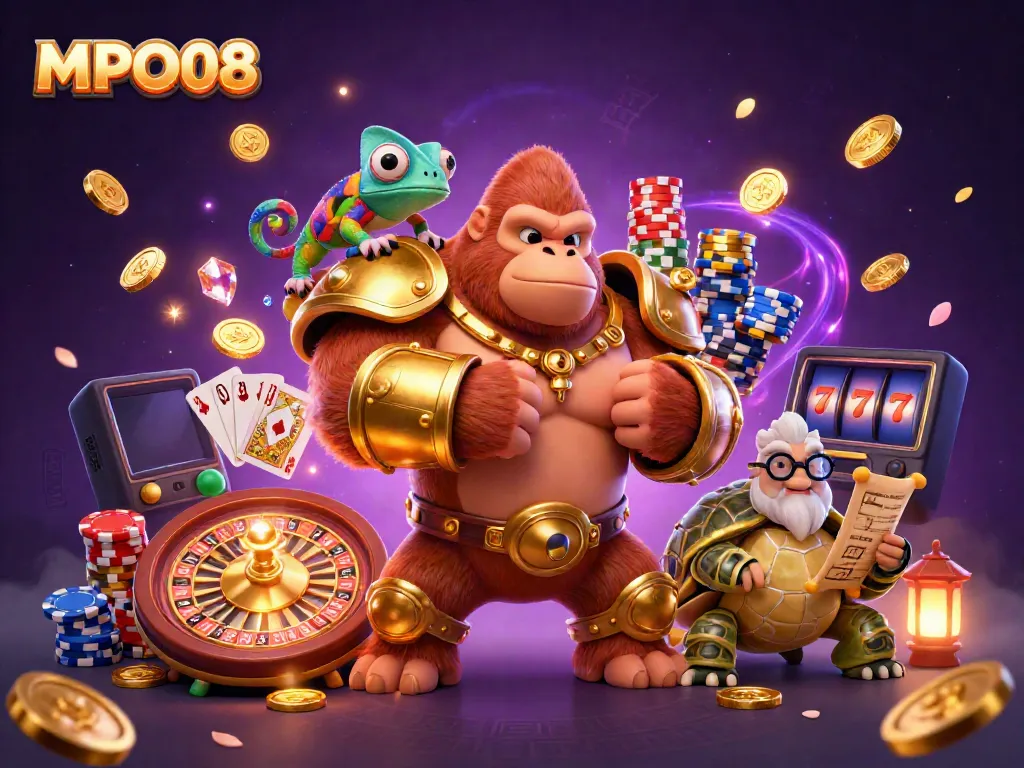 Experience thrilling gameplay at MPO08 with colorful casino elements featuring a gorilla king and wise tortoise.