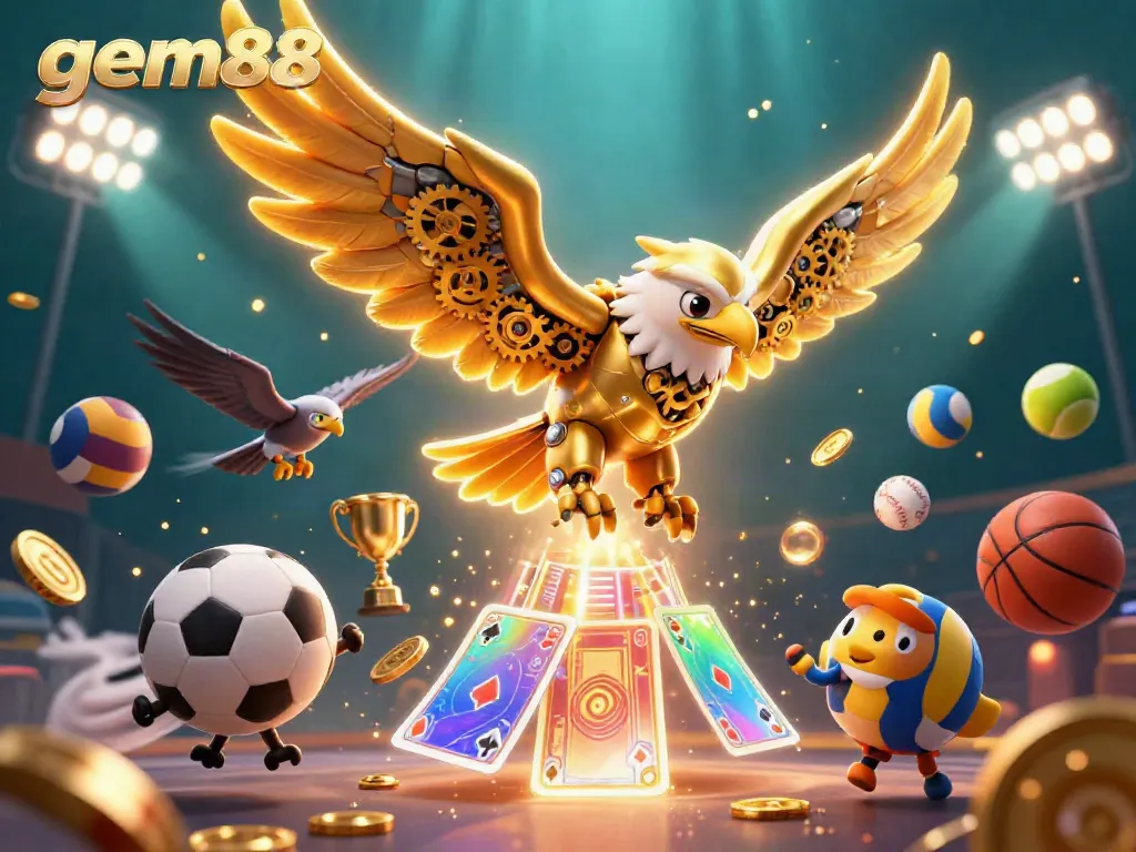 Engaging gem88 graphic featuring an eagle and holographic cards amidst dynamic sports elements and golden trophies.