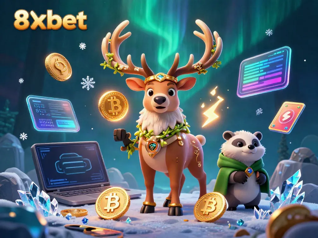 Engage with 8xbet through a captivating 3D illustration showcasing a Celtic druid stag, wise badger, and crypto elements.