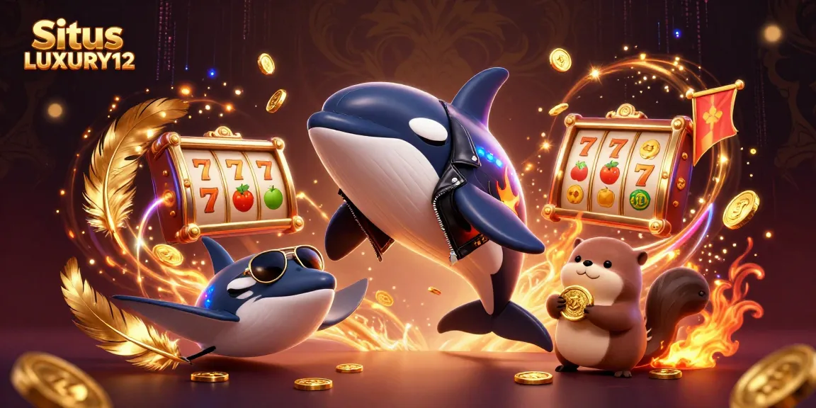 Situs LUXURY12 showcases vibrant cartoon characters engaging in thrilling slot games amidst a dynamic casino atmosphere.