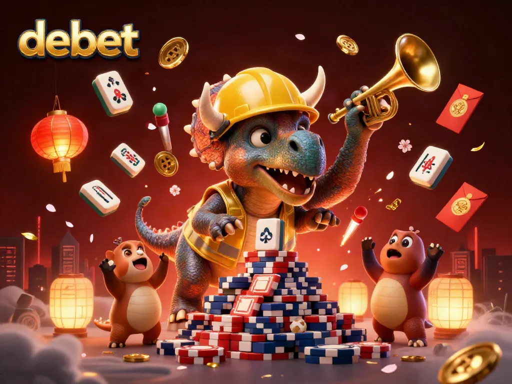 Engage in the vibrant world of debet with characters celebrating a poker chips pyramid in a rich 3D casino scene.