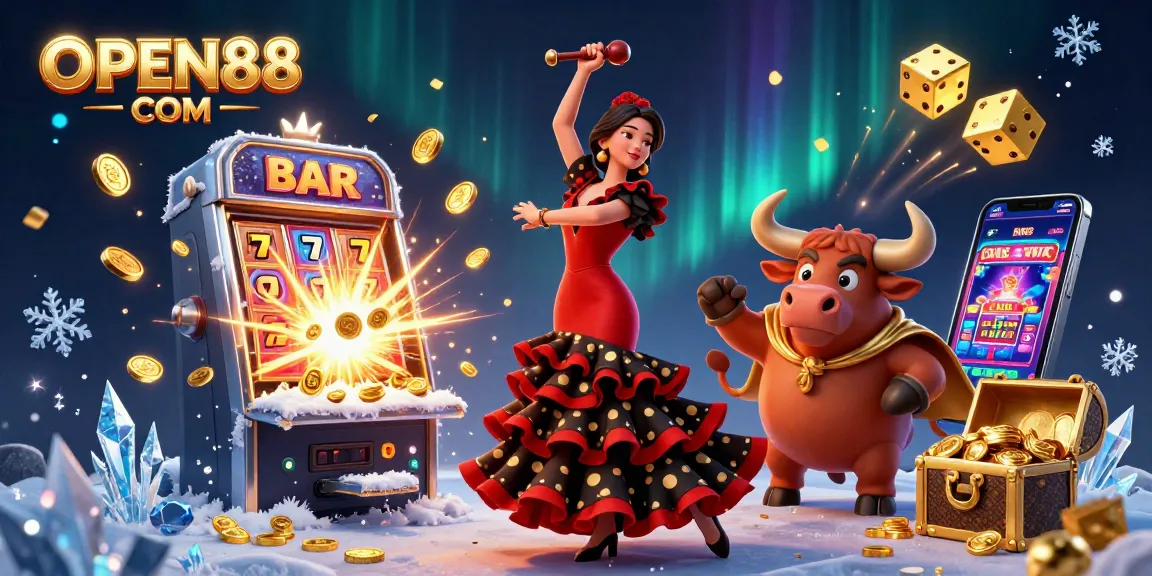 Experience excitement with OPEN88 COM featuring a vibrant 3D casino scene with dynamic characters and game elements.