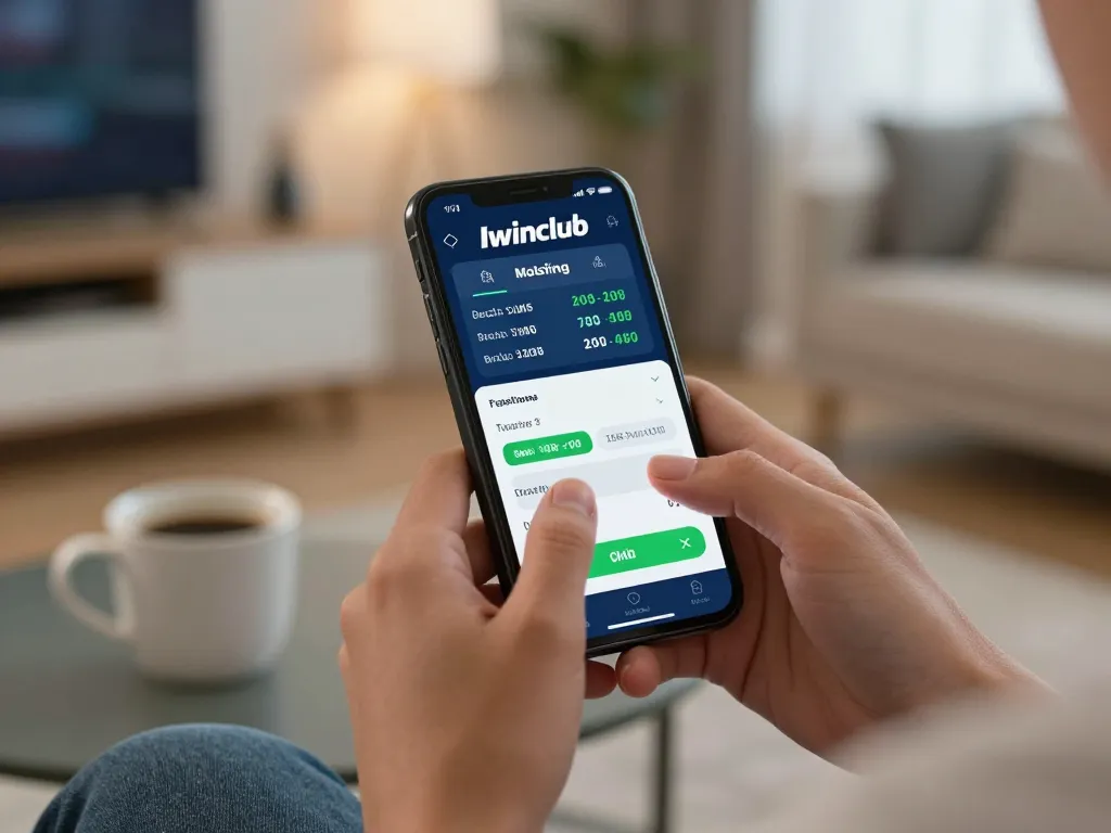 Iwinclub user placing live bets on sports in a cozy home environment, showcasing mobile convenience.