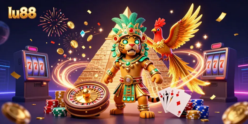 Experience the vibrant thrills of lu88 with a Mayan priest, treasures, and dynamic casino elements.