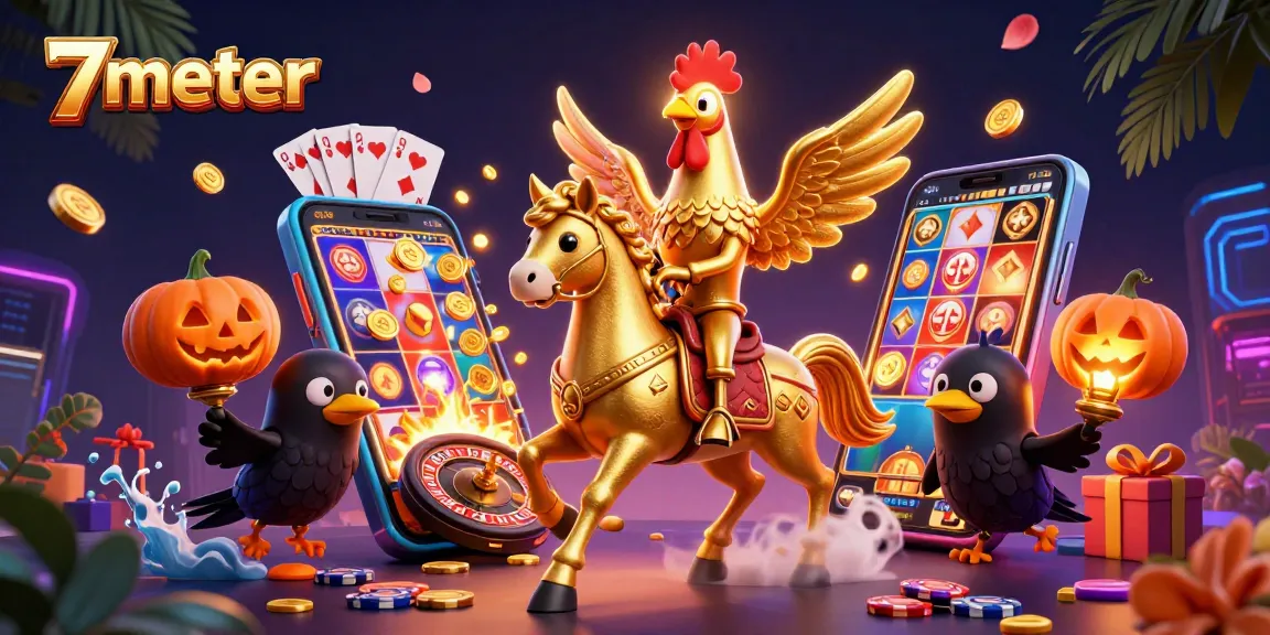 Experience thrilling sports betting with 7meter featuring golden rooster in a lively casino scene.