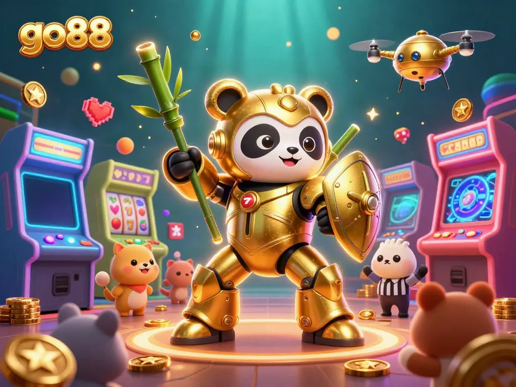 Experience the excitement of go88 slots with a golden panda robot in a vibrant casino arena.