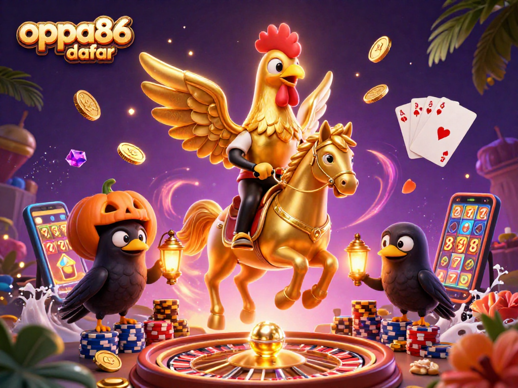 Play the thrilling slots at oppa86 daftar with golden rooster and vibrant casino elements