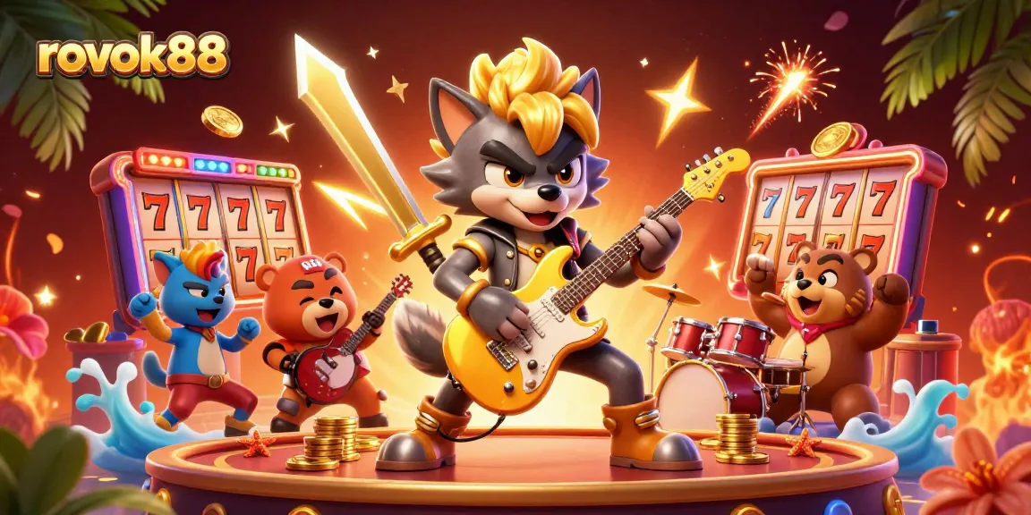rokok88 ignites excitement with rock star wolf and drummer bear on a vibrant casino stage