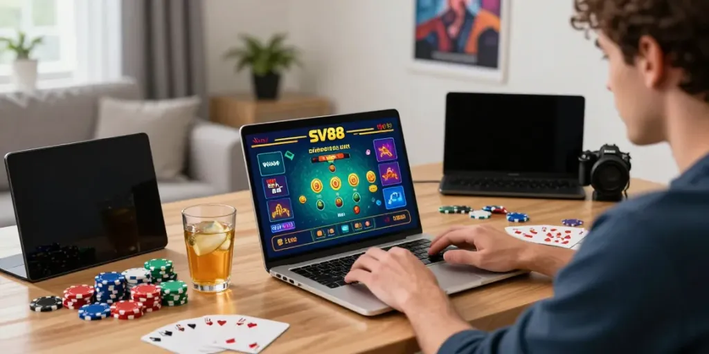 Player enjoying SV88 live casino gaming experience with colorful chips and vibrant laptop in modern home office.