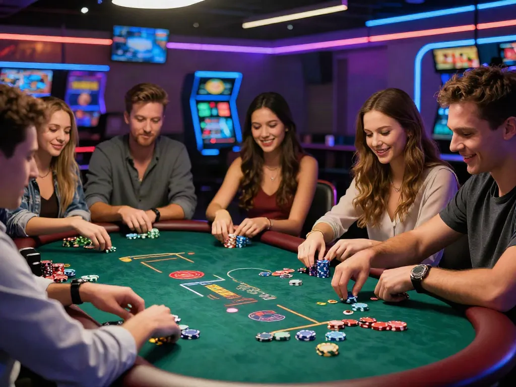 Friends enjoying a live casino experience at red88, showcasing excitement in vibrant setting.
