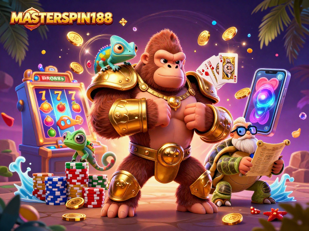 MASTERSPIN188 showcases an epic gambling adventure with vibrant characters and luck-filled elements.