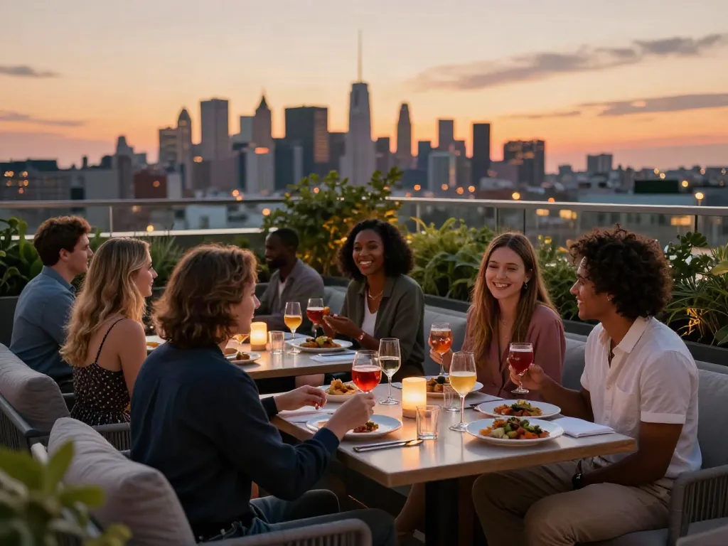 NoHu rooftop dining atmosphere with friends enjoying gourmet meals and skyline views