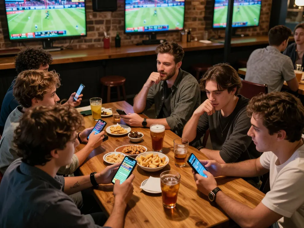 Friends excitedly engaging in sports betting at 78wingo, showcasing their strategic insights and live game visuals