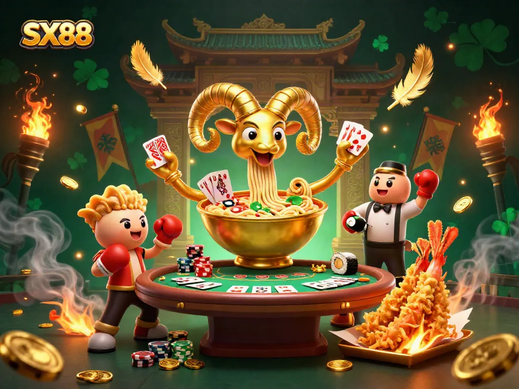 SX88 themed casino scene showcasing a golden ramen bowl dealer and action-packed gambling elements.