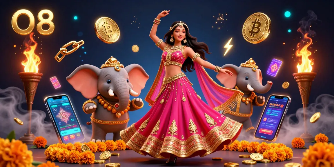Experience the thrill of O8 with a vibrant casino scene featuring a Bollywood dancer and crypto elements.