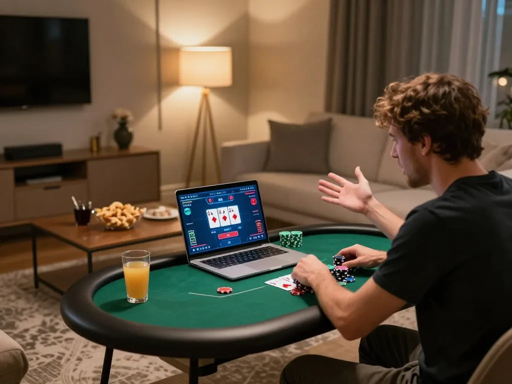 Player immersed in engaging online poker game while enjoying cozy home atmosphere, featuring organiclifetree themes and strategic gameplay.