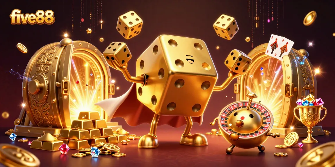 Engage with five88’s vibrant casino scene featuring a playful dice golem, gold, and jewels.