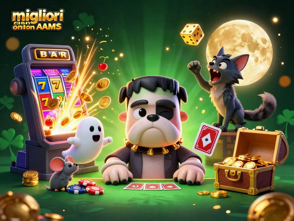 I migliori casinò online non AAMS in un'illustrazione accattivante con un bulldog Frankenstein e una scena di gioco vibrante.