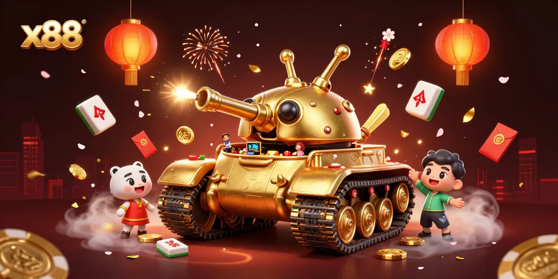 Experience the excitement of x88 with a vibrant 3D casino scene filled with confetti and gold.
