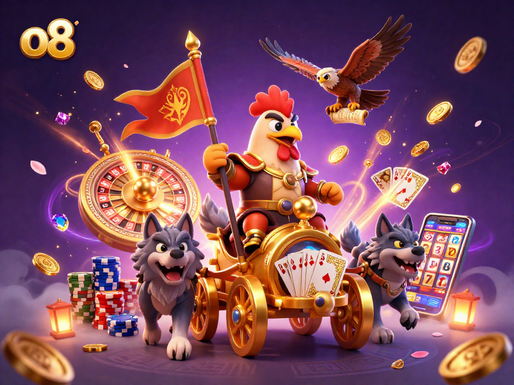 Engage in thrilling gaming at o8 with a vibrant scene showcasing 3D cartoon rooster warlord and casino elements.