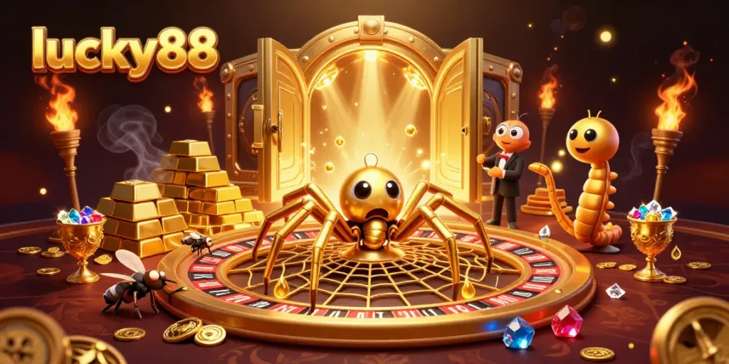 Engage with lucky88 in a vibrant casino scene featuring a golden spider, roulette wheel, and treasure elements.