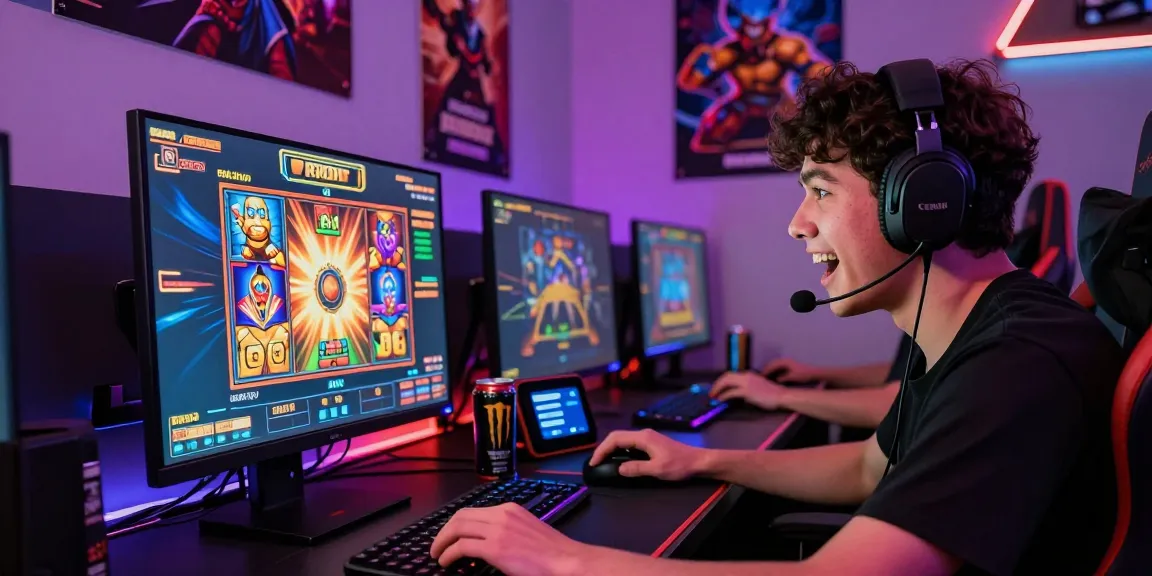 Engaged player enjoying slot game with deposit tanpa minimal at home gaming desk.