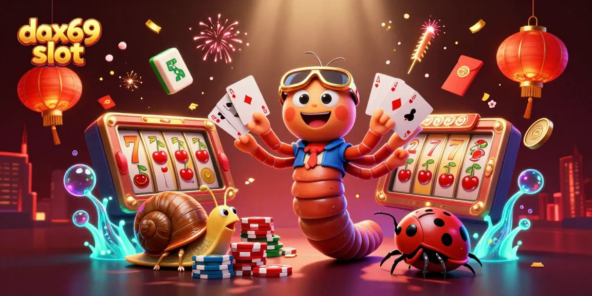 Permainan dax69 slot dengan dealer ceria dan simbol keberuntungan terbang di latar belakang.
