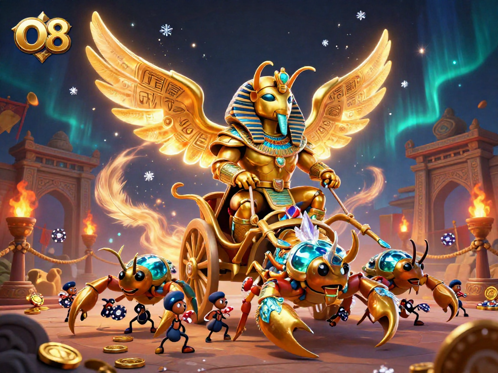 Experience thrilling gaming action with O8's vibrant casino world featuring a majestic beetle chariot scene.