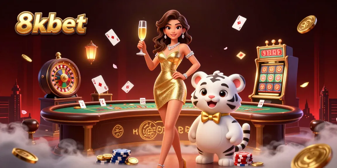 Experience thrilling casino action with 8xbet's glamorous atmosphere, featuring exciting games and a lucky tiger.
