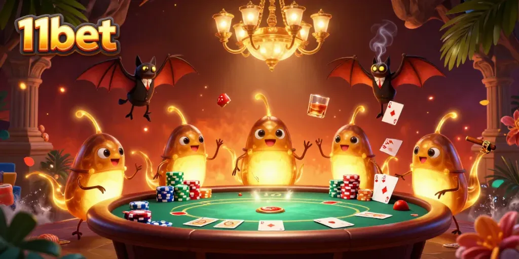 Experience vibrant poker action with 11bet's energetic glowworms illuminating a lively casino scene.