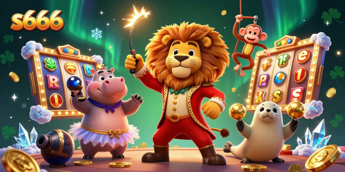 s666 showcases a vibrant and dynamic 3D casino scene with circus characters amid spinning slot reels and golden coins.