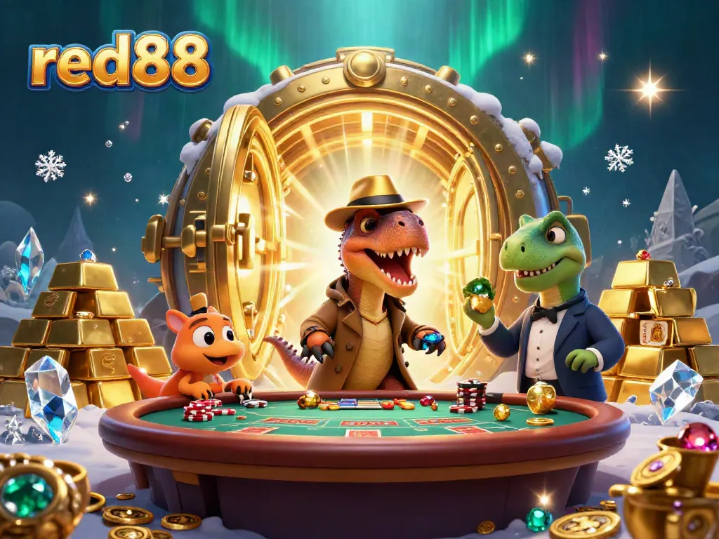 Engage with red88's thrilling blackjack scene featuring animated dinosaur characters in a vibrant casino