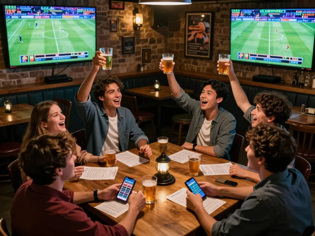 Friends actively placing bets during worldcup2026 matches in a lively sports bar atmosphere.