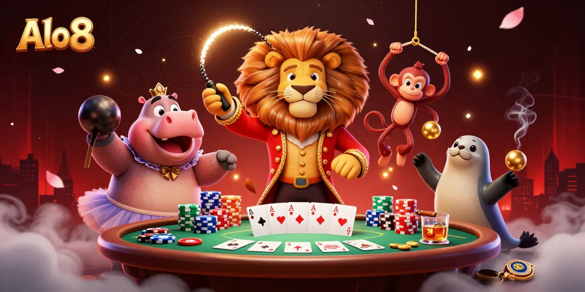 Alo8 showcases a whimsical 3D casino scene with a lion ringmaster and poker elements creating an engaging atmosphere.