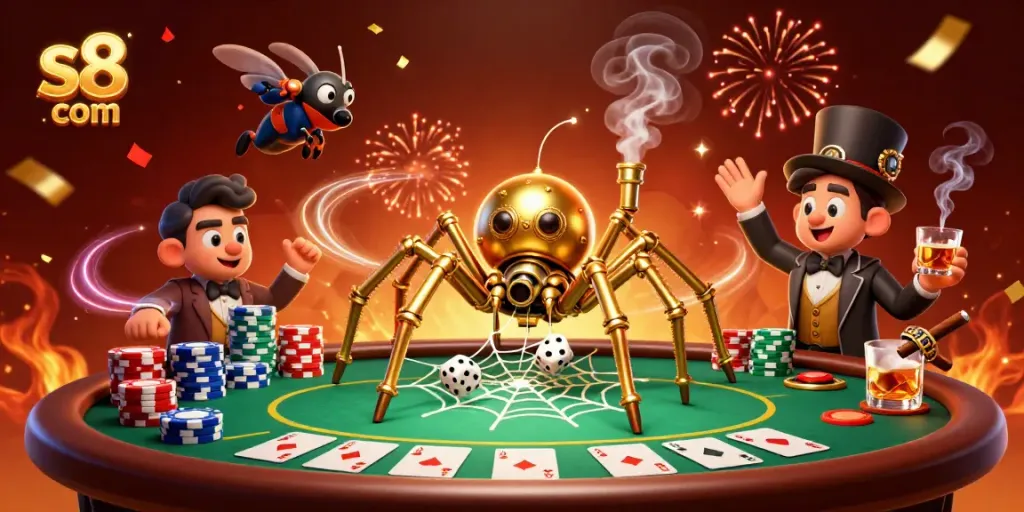 Engage in fun from s8 com with a 3D illustrated steampunk scene of complex casino activities.