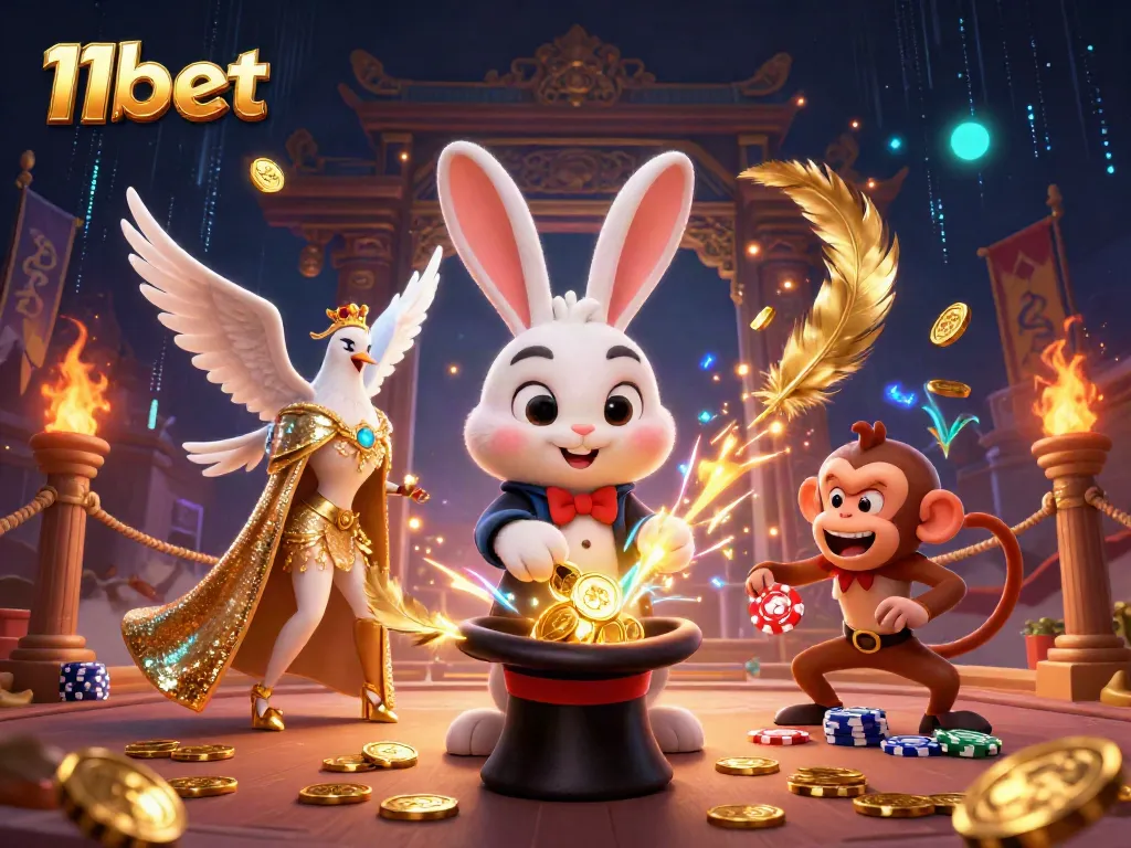 Experience the thrill of 11bet with a magical casino scene featuring a rabbit magician and his companions.