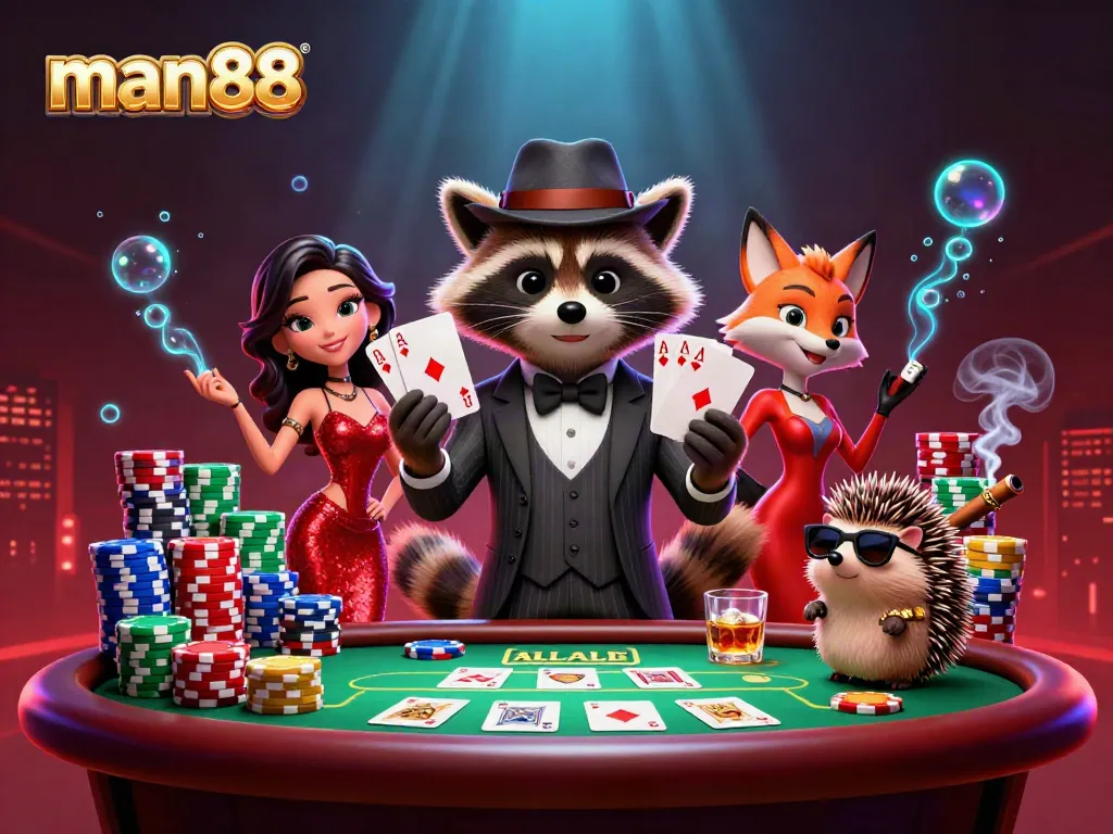 Engage in thrilling poker with man88's raccoon and friends showcasing royal flush and high-stacked chips.