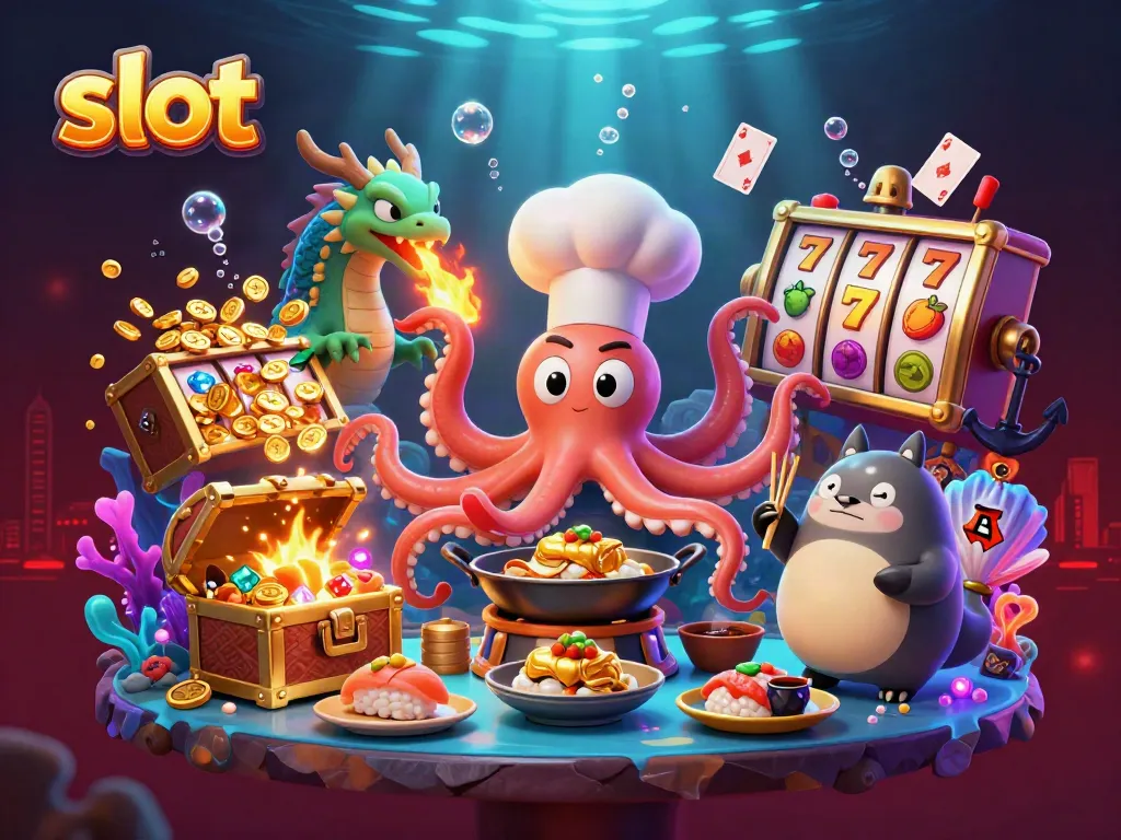 Engaging slot-themed scene with sushi chef octopus, dragon, and tanuki amidst vibrant casino elements.
